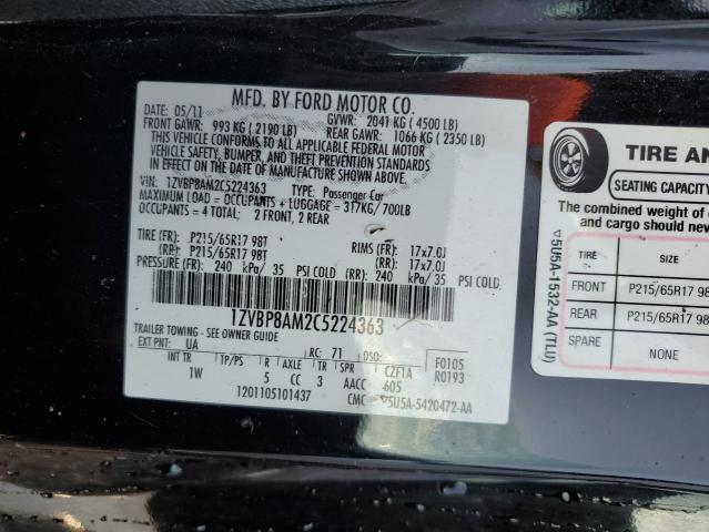 1ZVBP8AM2C5224363 - 2012 FORD MUSTANG BLACK photo 12