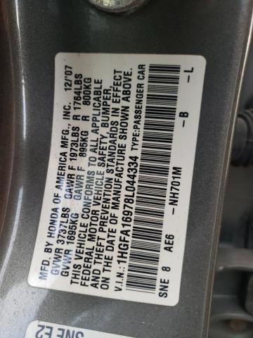 1HGFA16978L044334 - 2008 HONDA CIVIC EXL GRAY photo 12