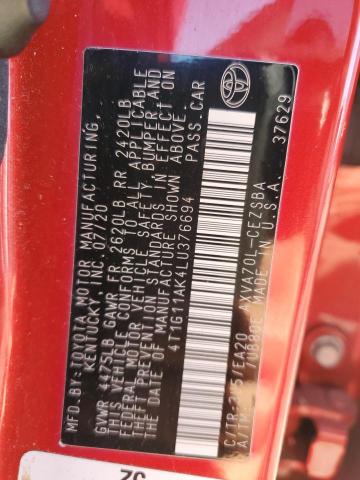 4T1G11AK4LU376694 - 2020 TOYOTA CAMRY SE RED photo 12