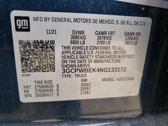 3GCPWBEK4NG133172 - 2022 CHEVROLET SILVERADO C1500 CUSTOM BLUE photo 12