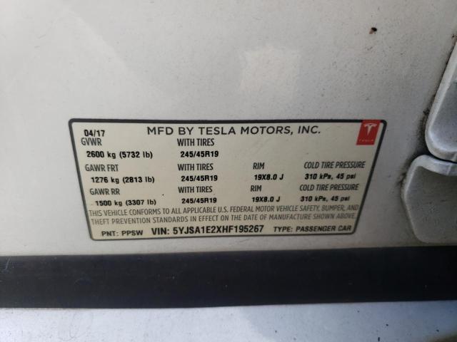 5YJSA1E2XHF195267 - 2017 TESLA MODEL S 白色 照片 13