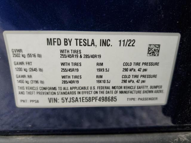 5YJSA1E58PF498685 - 2023 TESLA MODEL S BLUE photo 13