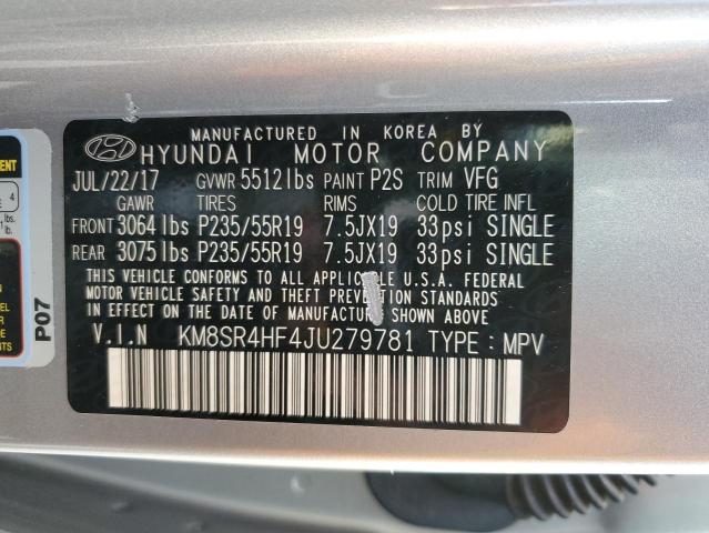 KM8SR4HF4JU279781 - 2018 HYUNDAI SANTA FE SE ULTIMATE GRAY photo 13