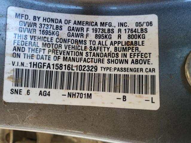 1HGFA15816L102329 - 2006 HONDA CIVIC EX GRAY photo 12