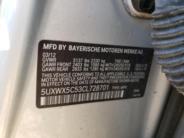 5UXWX5C53CL728701 - 2012 BMW X3 XDRIVE28I SILVER photo 13