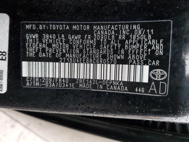 2T1BU4EE6BC680570 - 2011 TOYOTA COROLLA BASE BLACK photo 12