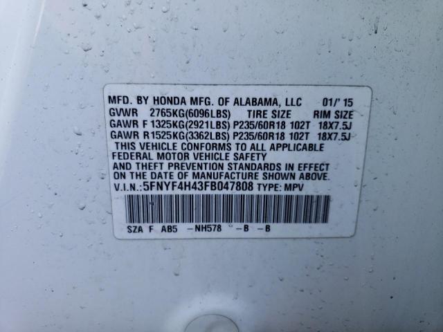 5FNYF4H43FB047808 - 2015 HONDA PILOT EX WHITE photo 13