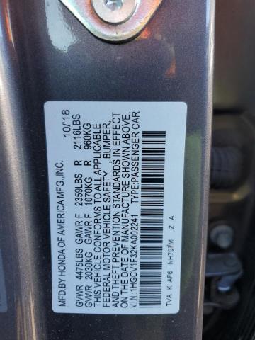 1HGCV1F32KA002241 - 2019 HONDA ACCORD SPORT GRAY photo 12