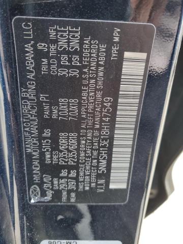 5NMSH13E18H147549 - 2008 HYUNDAI SANTA FE SE BLUE photo 13