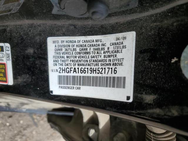 2HGFA16619H521716 - 2009 HONDA CIVIC LX-S أسود صورة 12