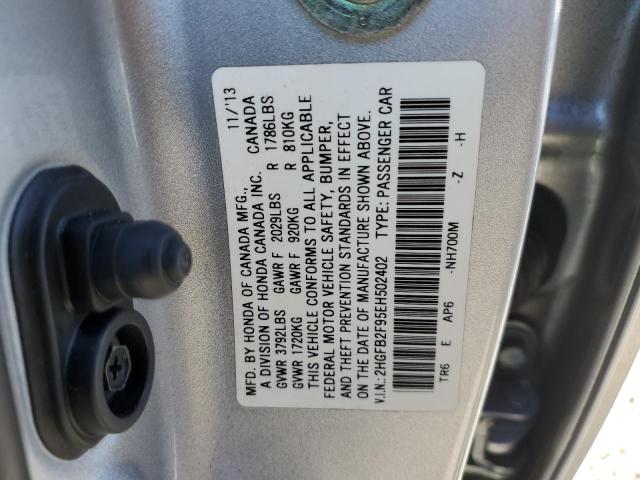 2HGFB2F95EH502402 - 2014 HONDA CIVIC EXL ვერცხლისფერი ფოტო 12