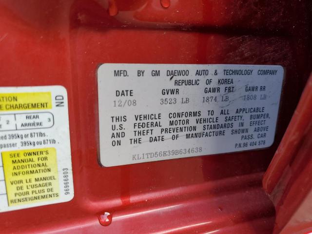 KL1TD56E39B634638 - 2009 CHEVROLET AVEO LS 红色 照片 12