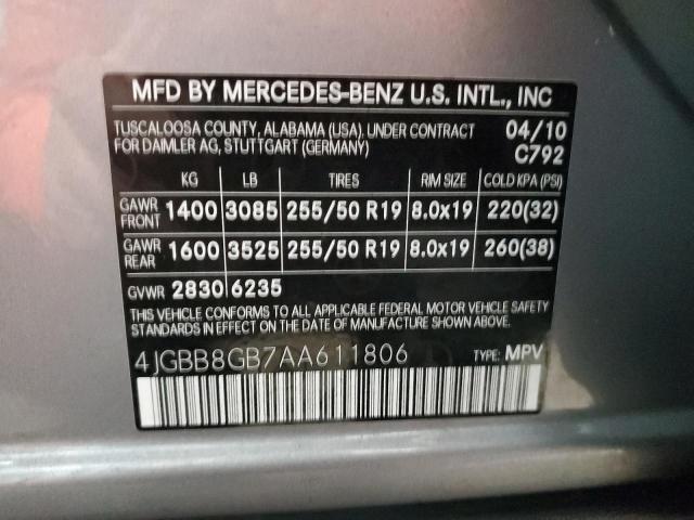 4JGBB8GB7AA611806 - 2010 MERCEDES-BENZ ML 350 4MATIC GRAY photo 12