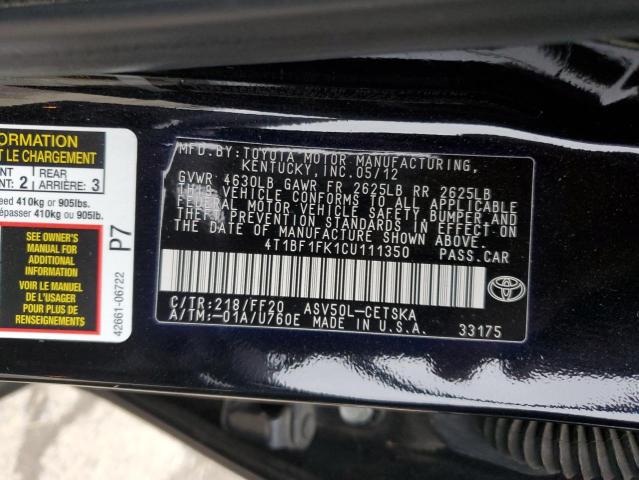 4T1BF1FK1CU111350 - 2012 TOYOTA CAMRY BASE BLACK photo 12