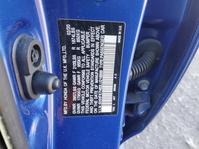 SHHFK7H82LU218999 - 2020 HONDA CIVIC EXL ლურჯი ფოტო 12