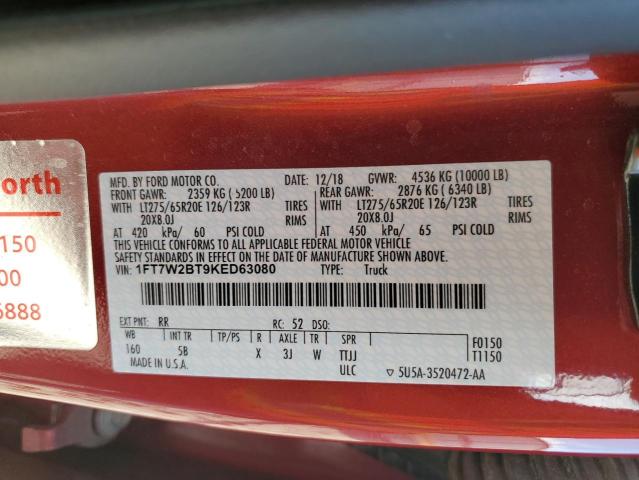 1FT7W2BT9KED63080 - 2019 FORD F250 SUPER DUTY RED photo 12