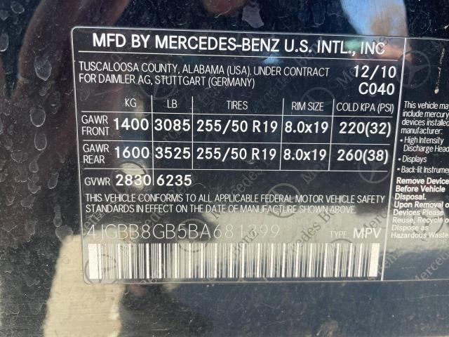 4JGBB8GB5BA681399 - 2011 MERCEDES-BENZ ML 350 4MATIC BLACK photo 10