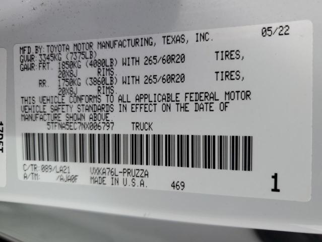 5TFNA5EC7NX006797 - 2022 TOYOTA TUNDRA CREWMAX PLATINUM Ağ foto 12