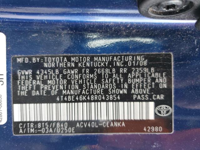 4T4BE46K48R043854 - 2008 TOYOTA CAMRY CE BLUE photo 12