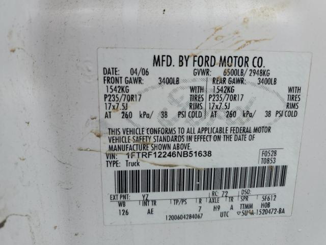 1FTRF12246NB51638 - 2006 FORD F150 WHITE photo 12