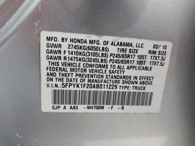 5FPYK1F20AB011229 - 2010 HONDA RIDGELINE RT SILVER photo 12