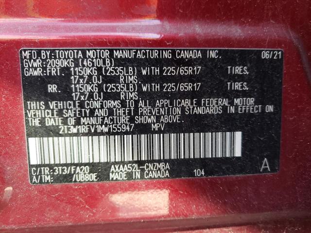 2T3W1RFV1MW155947 - 2021 TOYOTA RAV4 XLE RED photo 13