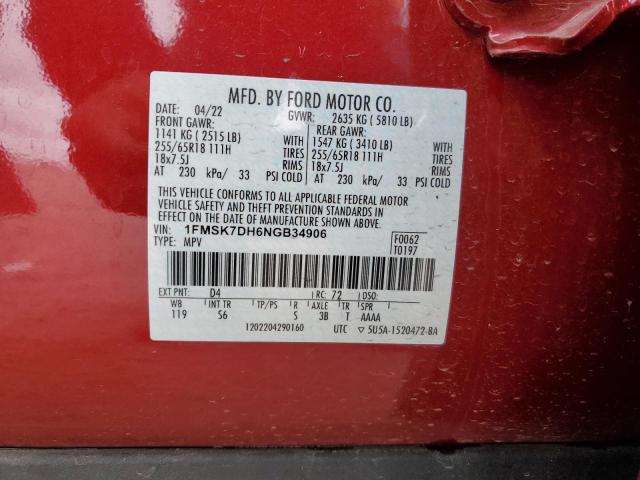 1FMSK7DH6NGB34906 - 2022 FORD EXPLORER XLT RED photo 13