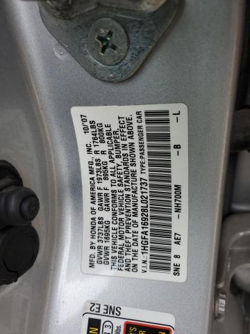 1HGFA16928L021737 - 2008 HONDA CIVIC EXL SILVER photo 12