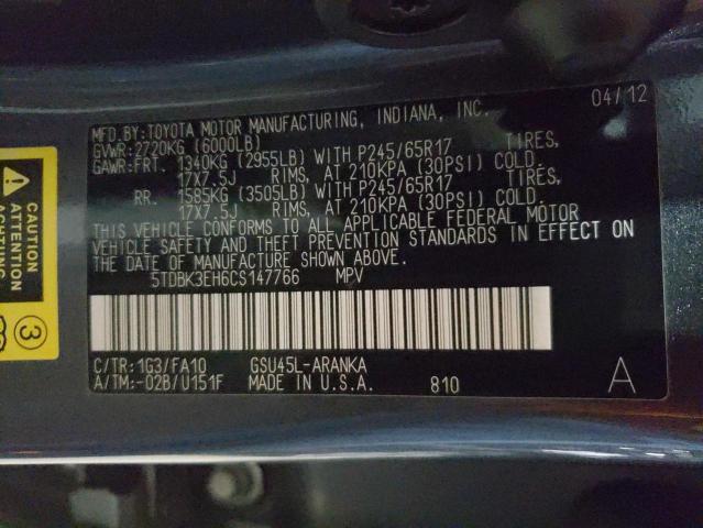 5TDBK3EH6CS147766 - 2012 TOYOTA HIGHLANDER BASE Сұр фото 12