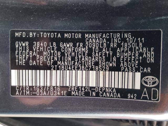 2T1BU4EE3BC718529 - 2011 TOYOTA COROLLA BASE GRAY photo 12
