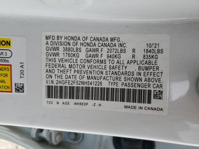 2HGFE2F52NH541226 - 2022 HONDA CIVIC SPOR WHITE photo 12