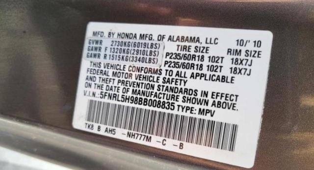 5FNRL5H98BB008835 - 2011 HONDA ODYSSEY TOURING GRAY photo 10