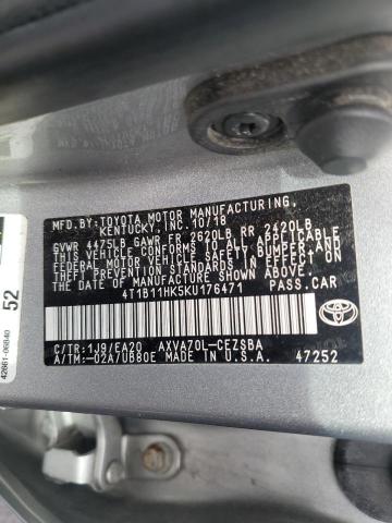 4T1B11HK5KU176471 - 2019 TOYOTA CAMRY L SILVER photo 12