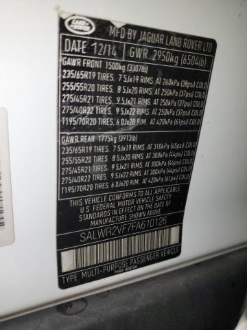 SALWR2VF7FA610126 - 2015 LAND ROVER RANGE ROVE HSE WHITE photo 13