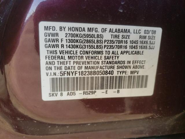 5FNYF18238B050840 - 2008 HONDA PILOT VP MAROON photo 13