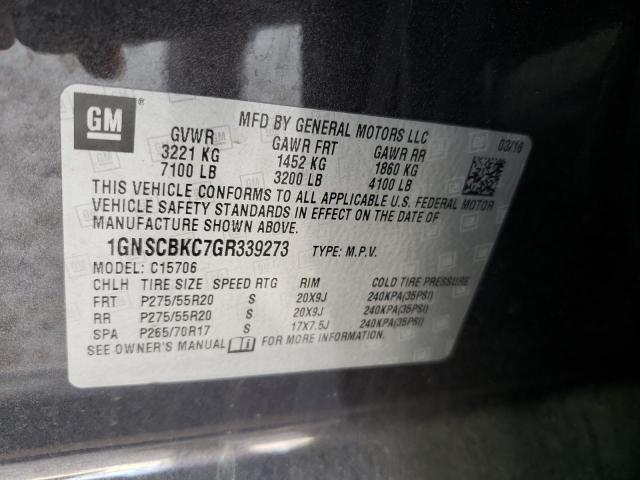 1GNSCBKC7GR339273 - 2016 CHEVROLET TAHOE C1500 LT GRAY photo 10