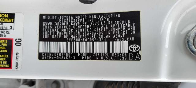 5YFBURHE0GP531331 - 2016 TOYOTA COROLLA L WHITE photo 10