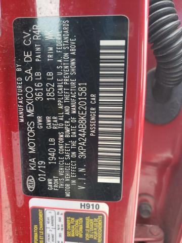 3KPA24AB8KE201581 - 2019 KIA RIO S RED photo 12