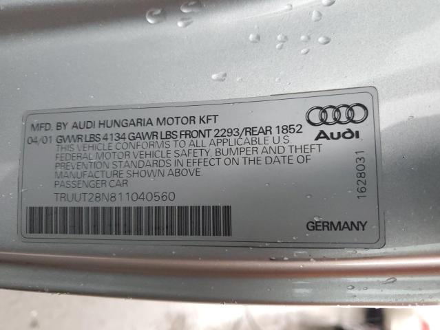 TRUUT28N811040560 - 2001 AUDI TT QUATTRO SILVER photo 12