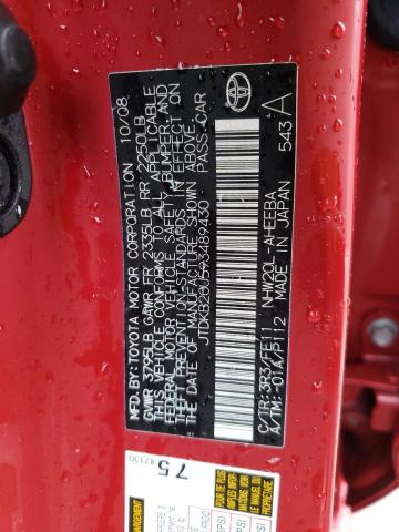 JTDKB20U593489430 - 2009 TOYOTA PRIUS RED photo 12