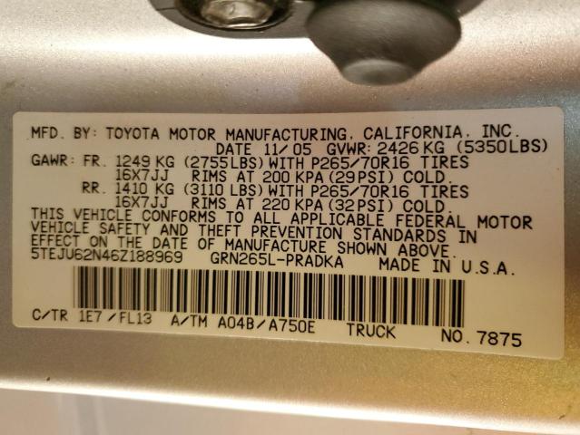 5TEJU62N46Z188969 - 2006 TOYOTA TACOMA DOUBLE CAB PRERUNNER SILVER photo 12