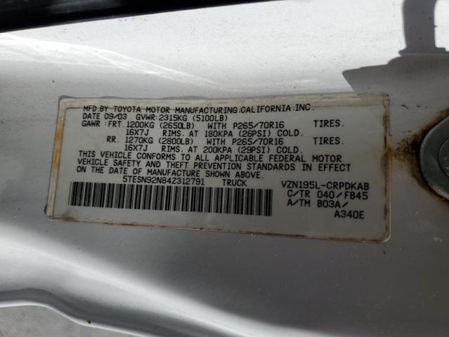 5TESN92N84Z312791 - 2004 TOYOTA TACOMA XTRACAB PRERUNNER თეთრი ფოტო 12