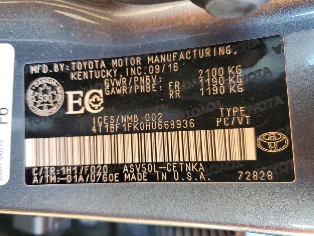 4T1BF1FK0HU668936 - 2017 TOYOTA CAMRY LE GRAY photo 12