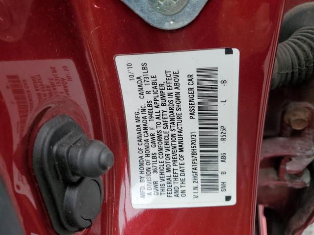 2HGFA1F57BH520731 - 2011 HONDA CIVIC LX RED photo 12