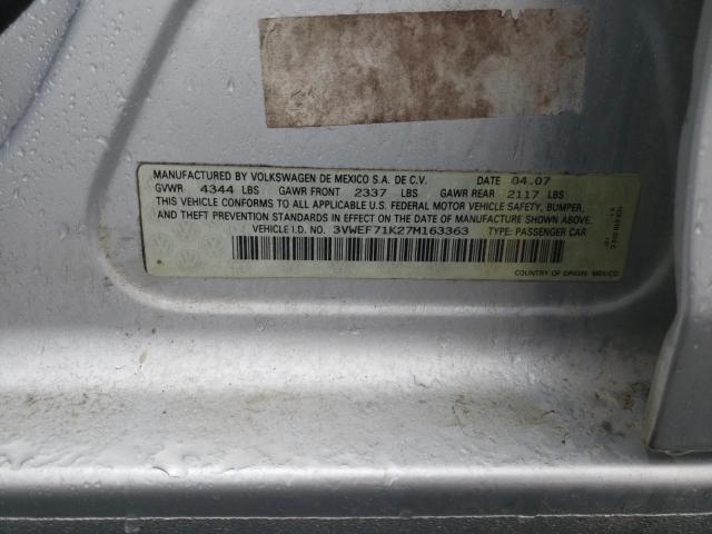 3VWEF71K27M163363 - 2007 VOLKSWAGEN JETTA WOLFSBURG 银色 照片 12