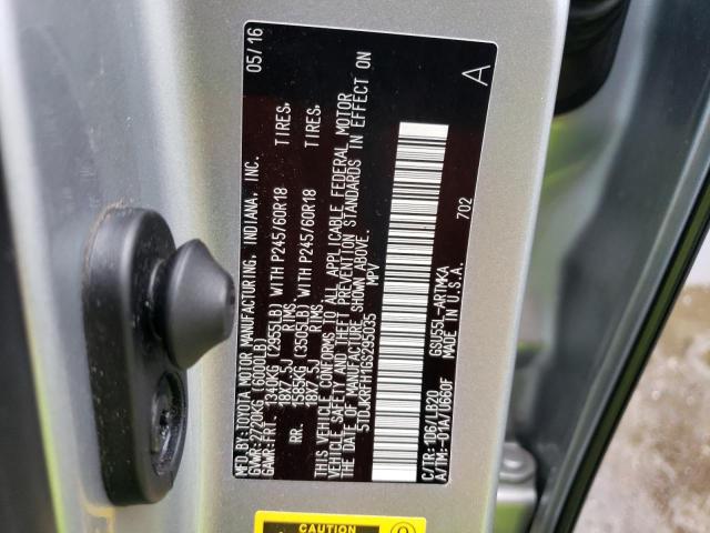 5TDJKRFH1GS295035 - 2016 TOYOTA HIGHLANDER XLE ნაცრისფერი ფოტო 12