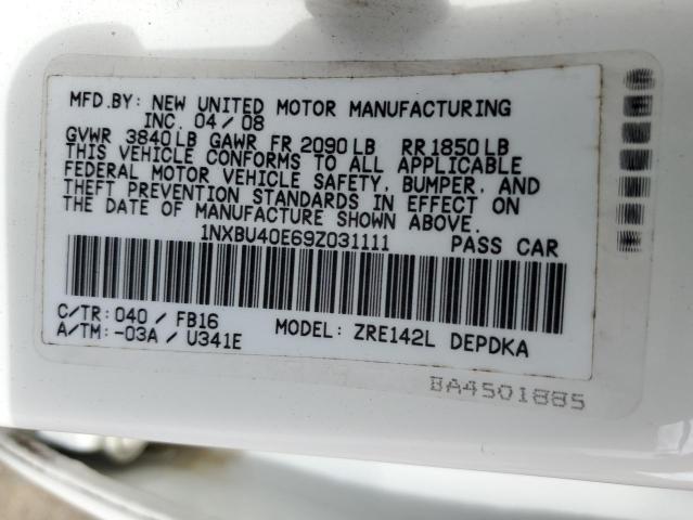 1NXBU40E69Z031111 - 2009 TOYOTA COROLLA BASE 白色 照片 12