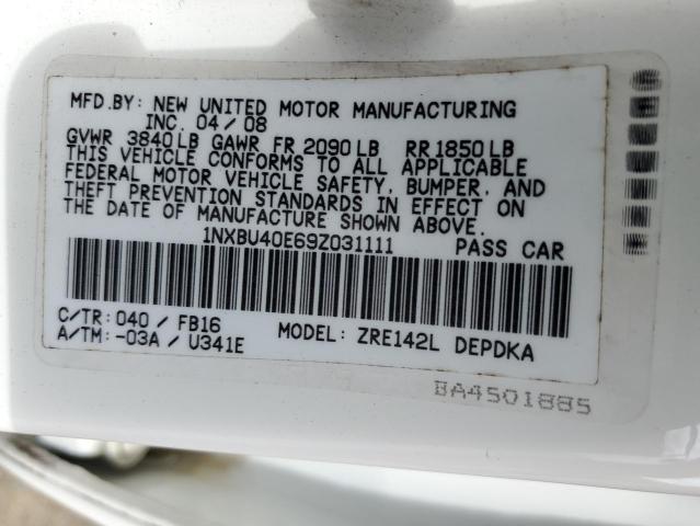 1NXBU40E69Z031111 - 2009 TOYOTA COROLLA BASE WHITE photo 12