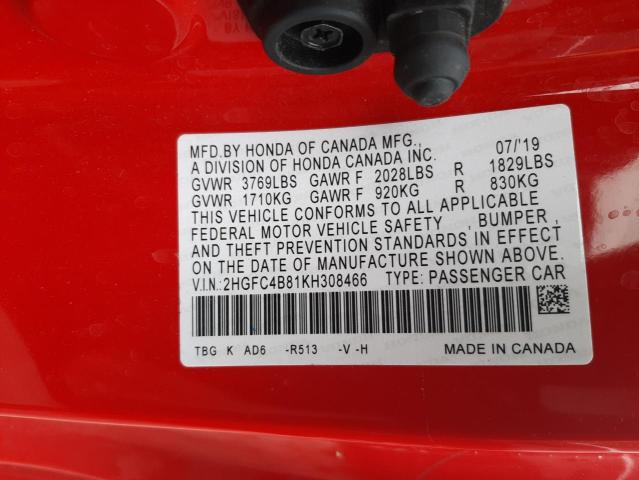 2HGFC4B81KH308466 - 2019 HONDA CIVIC SPORT 红色 照片 12