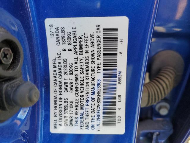 2HGFC2F80KH523903 - 2019 HONDA CIVIC SPORT BLUE photo 12